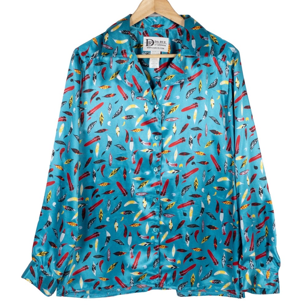 Vintage Da Rue of California Button Up Shirt Sz 12 Blue Feather Print Satin